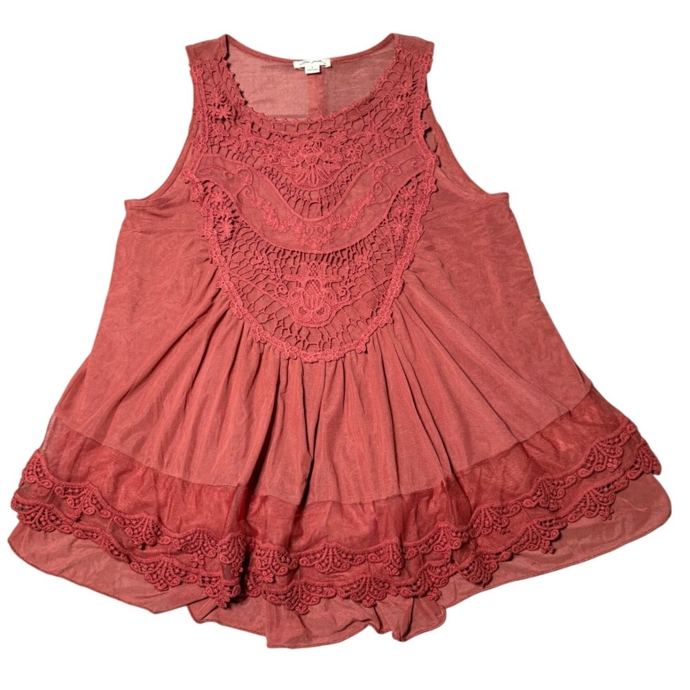 Ultra Pink Terracotta Rose Crochet Lace Babydoll Tank Top Sleeveless Small Boho